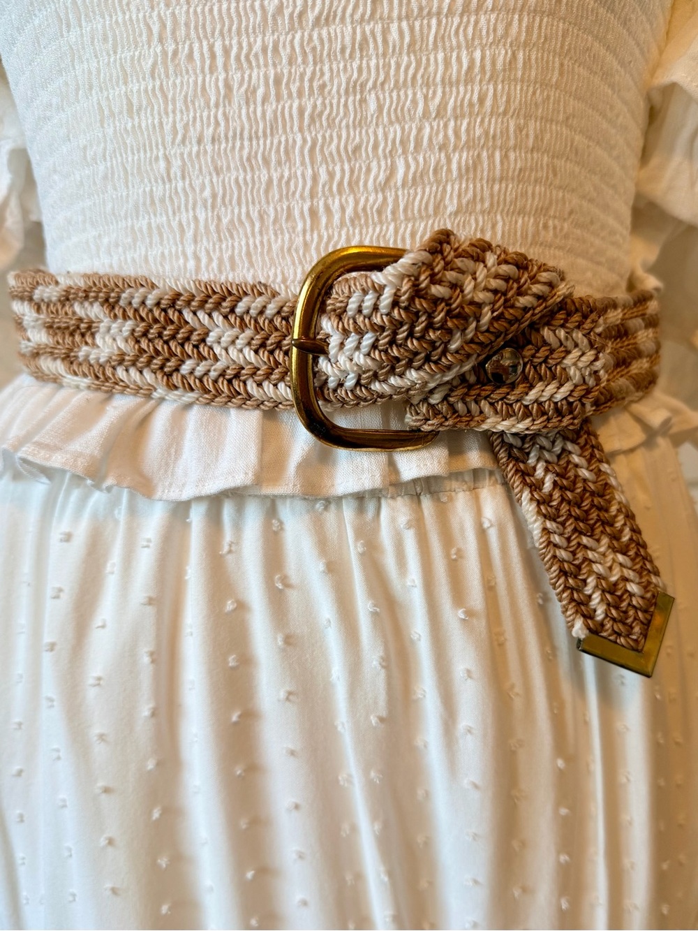 Woven Brown & Cream Braided Belt with Antique Gold Buckle